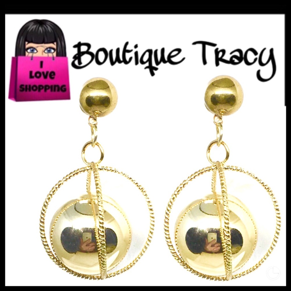 NEW Shiny Gold Sphere Caged Orb Drop Earrings